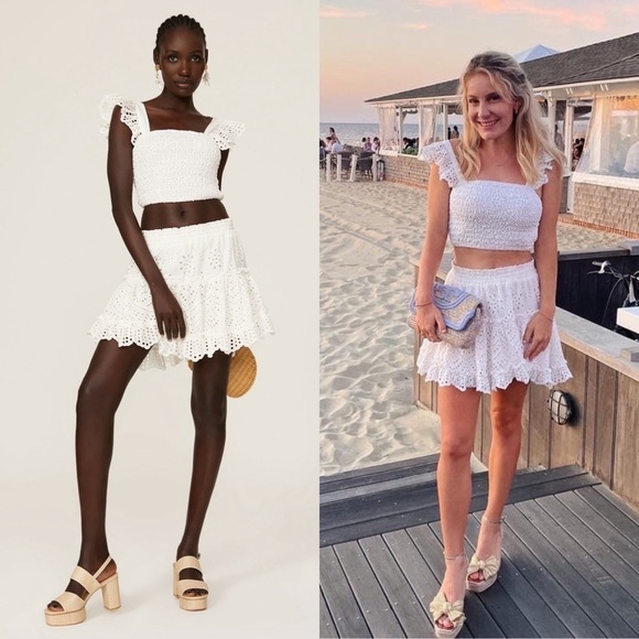 MISA LOS ANGELES Eyelet Flutter Strap‎ Tie Back Square Neck Smocked Crop Top S - Picture 10 of 16